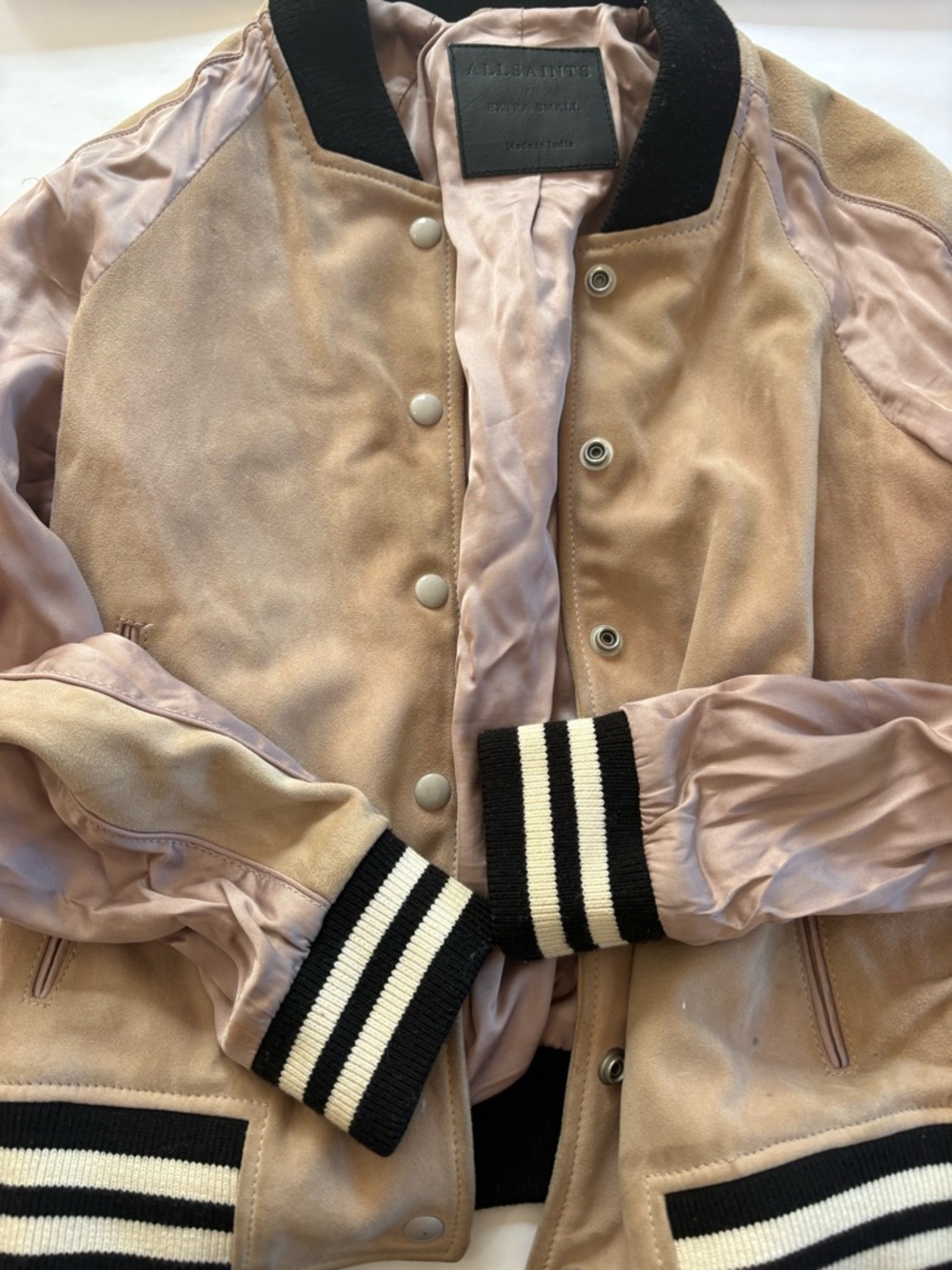 AllSaints Pink Suede & Satin Bomber Jacket with Black & White Trim